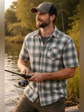 Cabela’s Green White Plaid Short Sleeve Button Down Shirt Men’s XL Outdoor